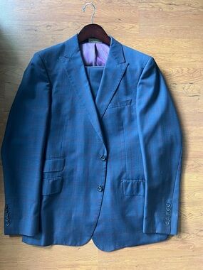 Men's Navy Plaid Two-Button Suit Jacket